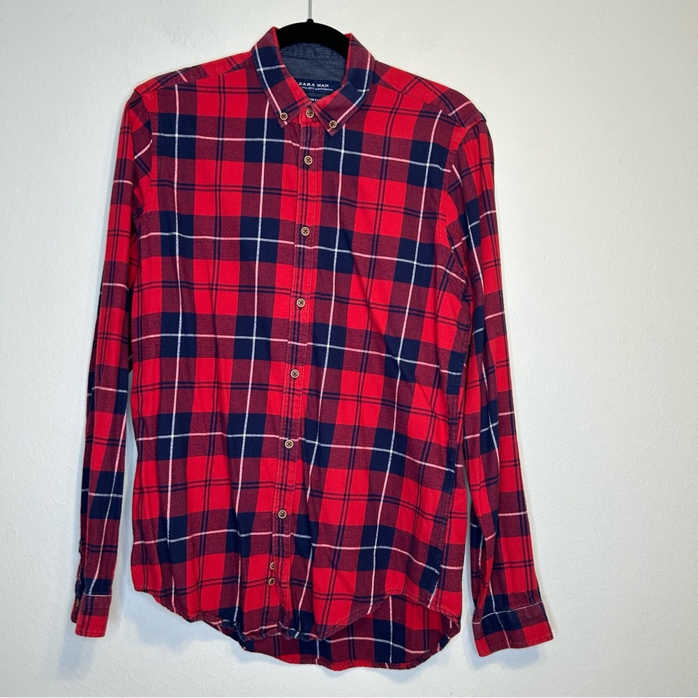 Zara‎ Man red plaid slim fit shirt long sleeve Button Down 100% cotton Size M